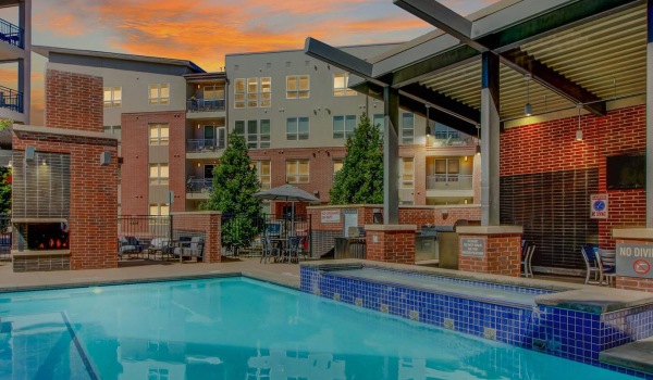 a swimming pool in a building