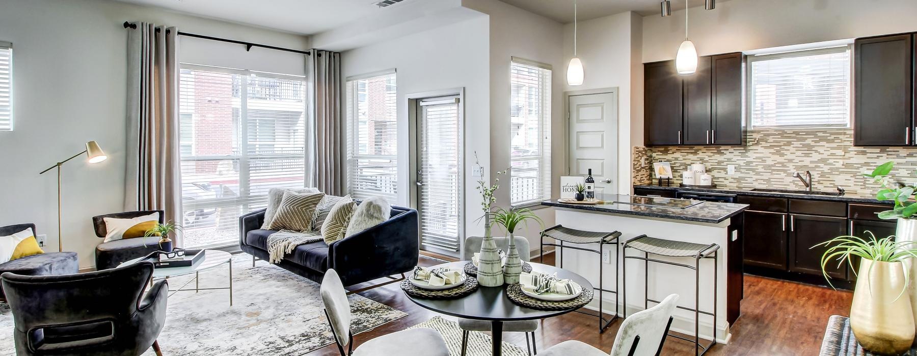 a large kitchen with a dining table