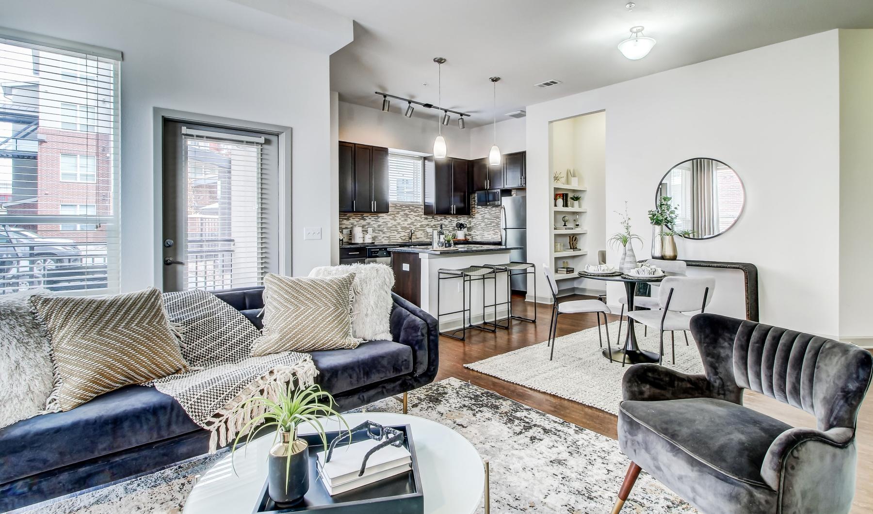 a living room with a couch and a table